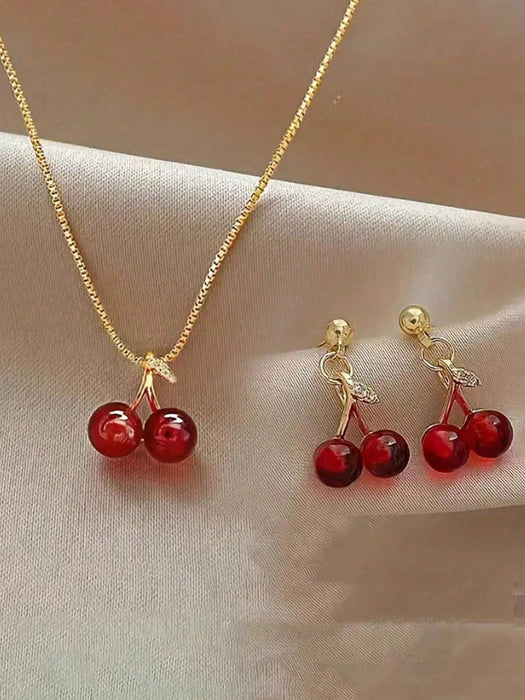Set de 3 piezas de aretes y collar con diseño de cerezas, para mujeres - Quierox - Tienda Online