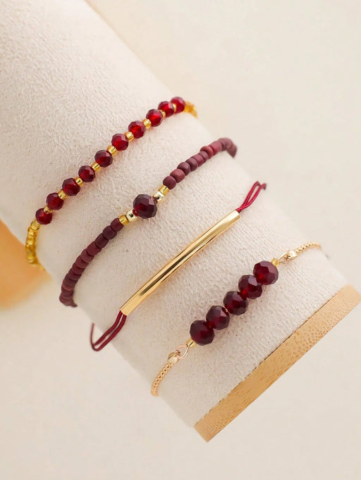 Set de 4pcs de pulseras de cristal burdeos hechas a mano con cuentas, para mujer - Quierox - Tienda Online