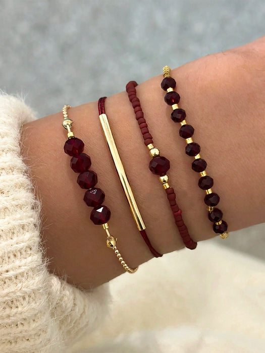 Set de 4pcs de pulseras de cristal burdeos hechas a mano con cuentas, para mujer - Quierox - Tienda Online