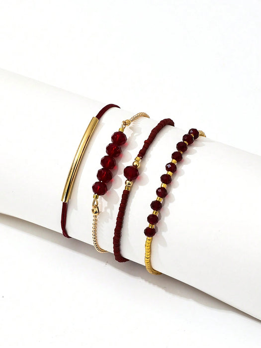 Set de 4pcs de pulseras de cristal burdeos hechas a mano con cuentas, para mujer - Quierox - Tienda Online