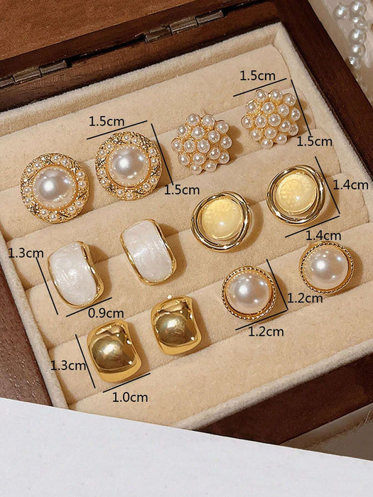 Set de 6pcs de aretes de perla con diseño de ojo de gato con superficie lisa - Quierox - Tienda Online