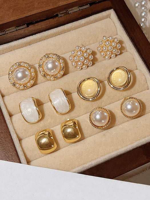 Set de 6pcs de aretes de perla con diseño de ojo de gato con superficie lisa - Quierox - Tienda Online