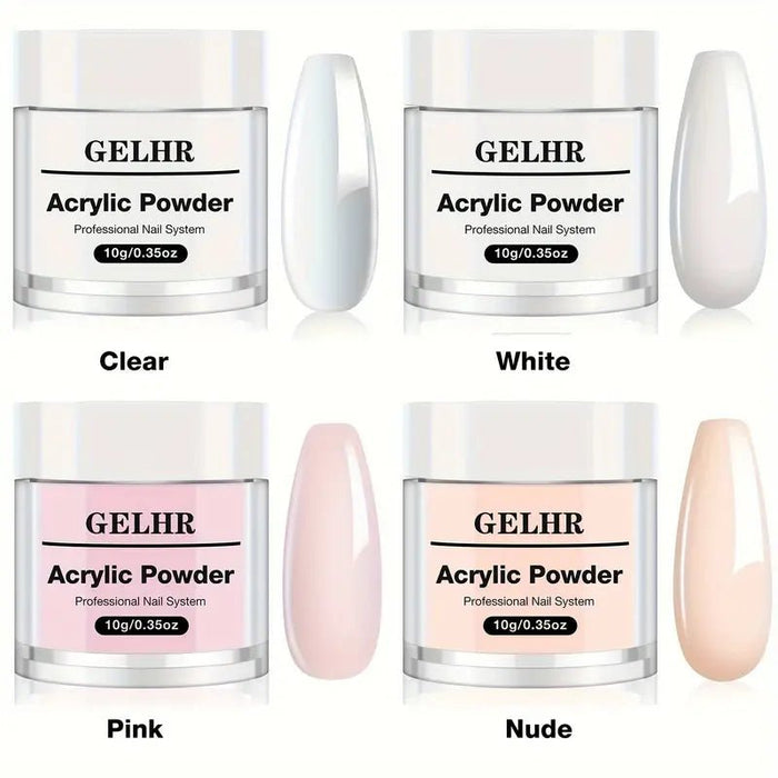 Set de Polvo para Uñas Acrílicas GELHR - 4 Colores (Transparente, Rosa, Blanco, Nude) - Quierox - Tienda Online