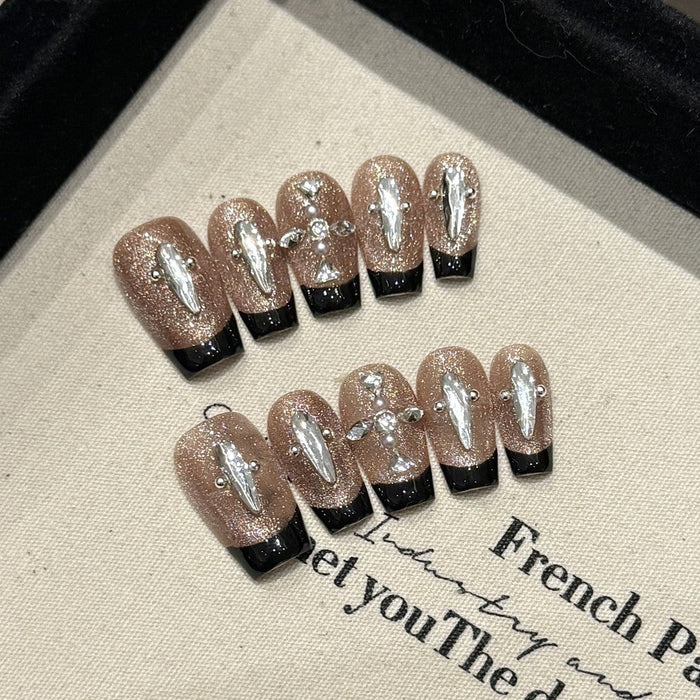 Set de uñas postizas de diseño con acabado brillante, purpurina y apliques de cristales estilo press - on - Quierox - Tienda Online