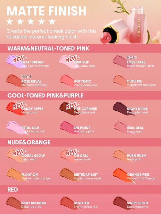 SHEGLAM Color Bloom Rubor Líquido Acabado Mate - Rubor en Crema en Gel Dedicado - Quierox - Tienda Online