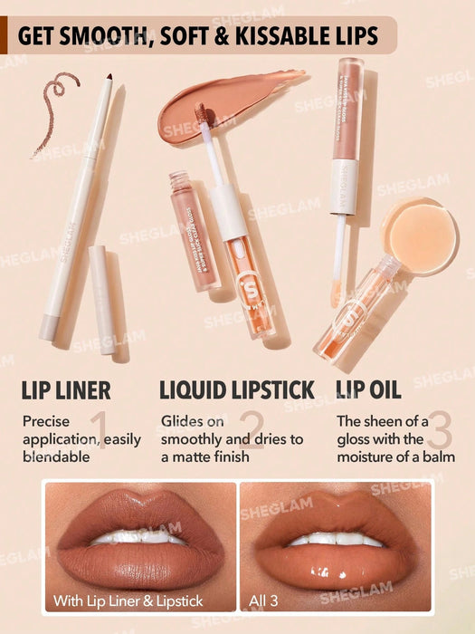 SHEGLAM Haute Cocoa Lip Set 3-In-1 Maquillaje de labios Brillo labial voluminizador - Quierox - Tienda Online