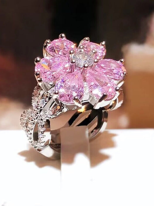 Shein 1 anillo de flor de circonita con forma de gota de agua rosa con diamantes de imitación - Quierox - Tienda Online