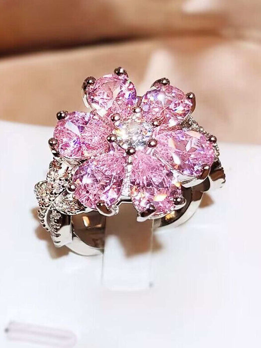 Shein 1 anillo de flor de circonita con forma de gota de agua rosa con diamantes de imitación - Quierox - Tienda Online
