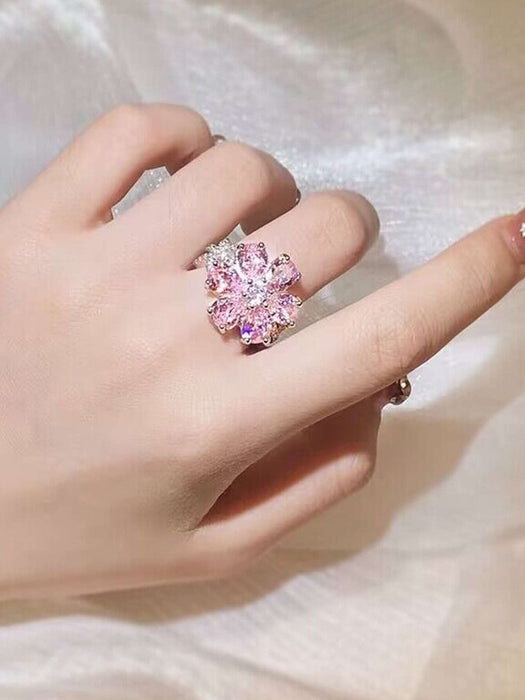 Shein 1 anillo de flor de circonita con forma de gota de agua rosa con diamantes de imitación - Quierox - Tienda Online