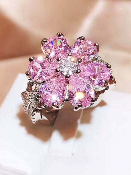 Shein 1 anillo de flor de circonita con forma de gota de agua rosa con diamantes de imitación - Quierox - Tienda Online