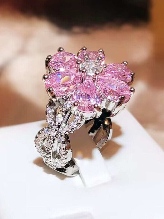 Shein 1 anillo de flor de circonita con forma de gota de agua rosa con diamantes de imitación - Quierox - Tienda Online