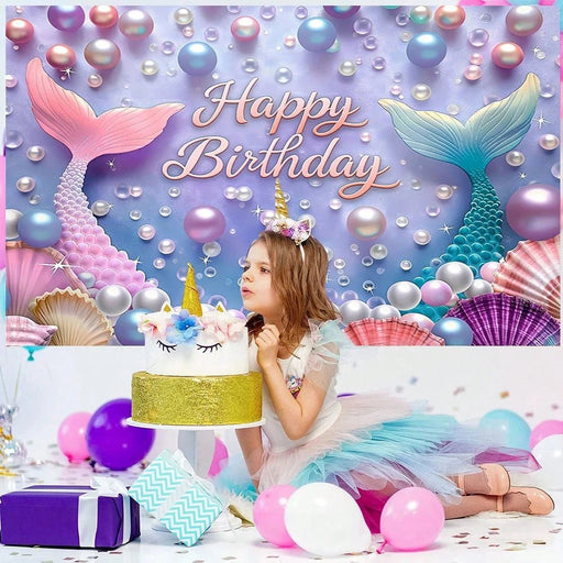 Shein 1 fondo de sirena y concha de perlas sintéticas de feliz cumpleaños 210*150cm - Quierox - Tienda Online