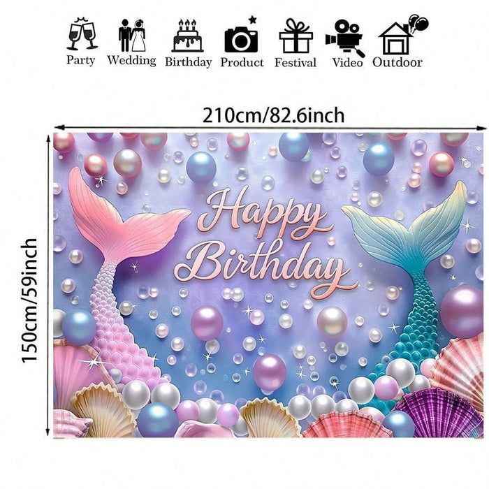 Shein 1 fondo de sirena y concha de perlas sintéticas de feliz cumpleaños 210*150cm - Quierox - Tienda Online