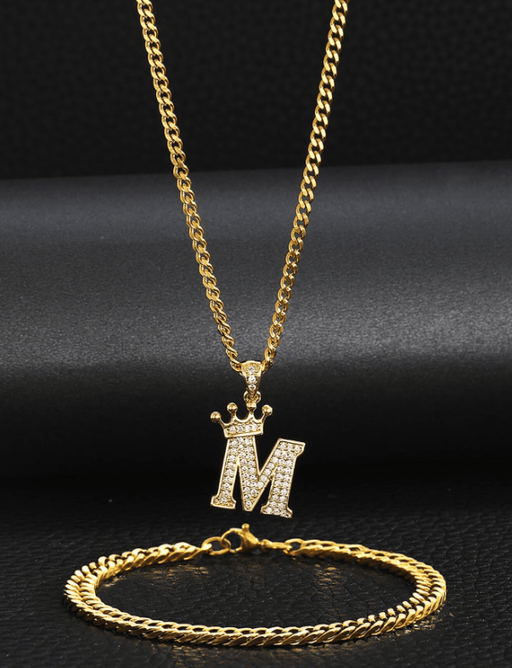 SHEIN 1 juego de collar y pulsera de cadena con inicial (Y) y corona de acero inoxidable - Quierox - Tienda Online