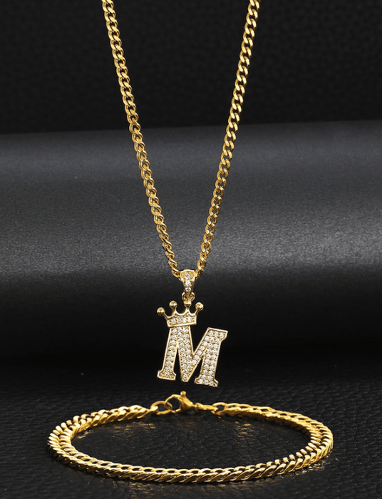 SHEIN 1 juego de collar y pulsera de cadena con inicial (Y) y corona de acero inoxidable - Quierox - Tienda Online