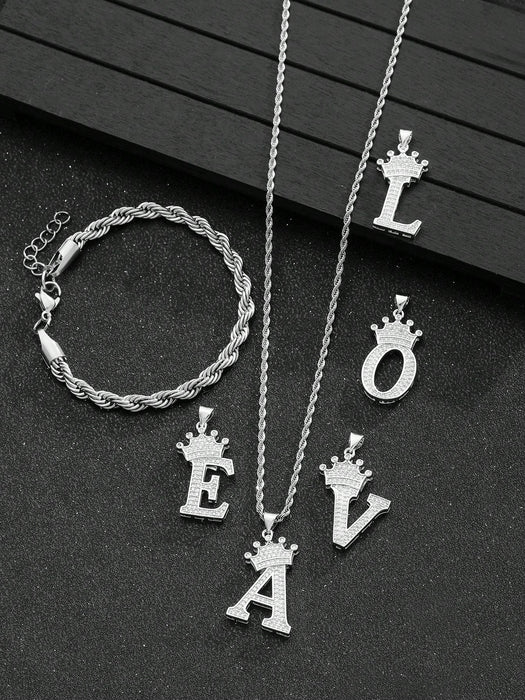 Shein 1 juego de pulsera y collar con decoración de corona y letra de acero inoxidable - Quierox - Tienda Online