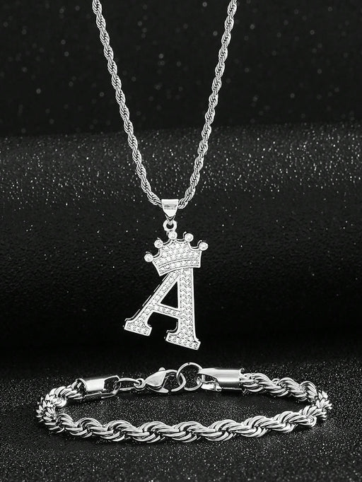 Shein 1 juego de pulsera y collar con decoración de corona y letra de acero inoxidable - Quierox - Tienda Online