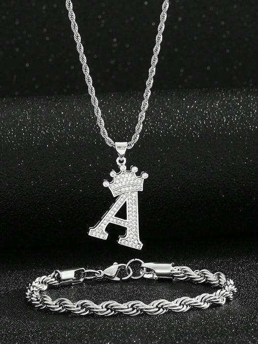 Shein 1 juego de pulsera y collar con decoración de corona y letra de acero inoxidable - Quierox - Tienda Online