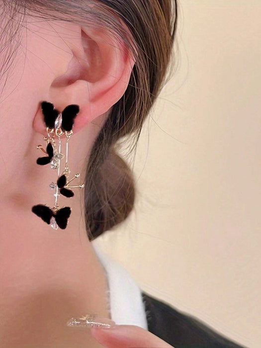 Shein 1 par de pendientes elegantes de borlas largas con mariposa negra, versátiles para el uso diario - Quierox - Tienda Online