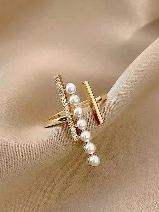 Shein 1 pieza Anillo de primavera de perlas sintéticas elegante y exquisito de cobre con circonitas cúbicas micropavé - Quierox - Tienda Online