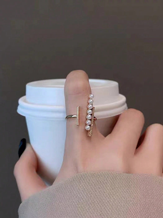 Shein 1 pieza Anillo de primavera de perlas sintéticas elegante y exquisito de cobre con circonitas cúbicas micropavé - Quierox - Tienda Online