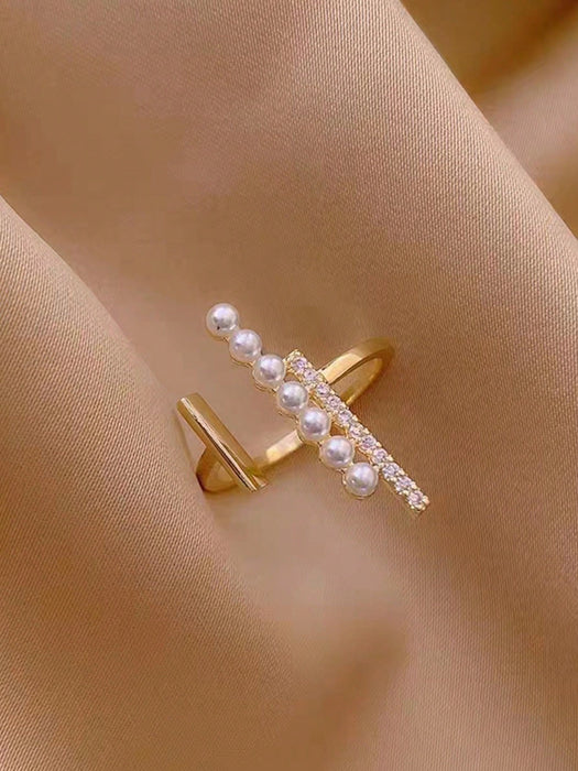 Shein 1 pieza Anillo de primavera de perlas sintéticas elegante y exquisito de cobre con circonitas cúbicas micropavé - Quierox - Tienda Online