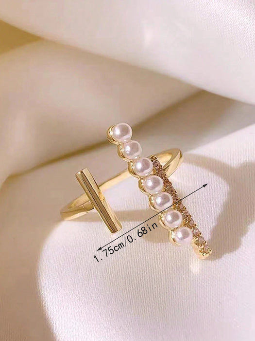 Shein 1 pieza Anillo de primavera de perlas sintéticas elegante y exquisito de cobre con circonitas cúbicas micropavé - Quierox - Tienda Online