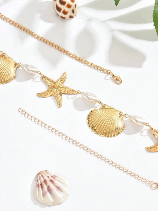 Shein 1 pieza de delicada cadena de cintura dorada con perlas y estrellas de mar - Quierox - Tienda Online