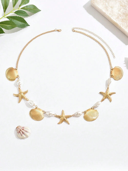 Shein 1 pieza de delicada cadena de cintura dorada con perlas y estrellas de mar - Quierox - Tienda Online