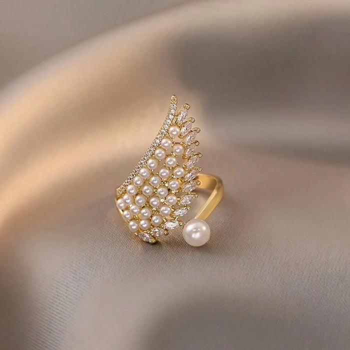 Shein 1 pieza de exquisito anillo de ala de perla con circonita cúbica incrustada en cobre - Quierox - Tienda Online