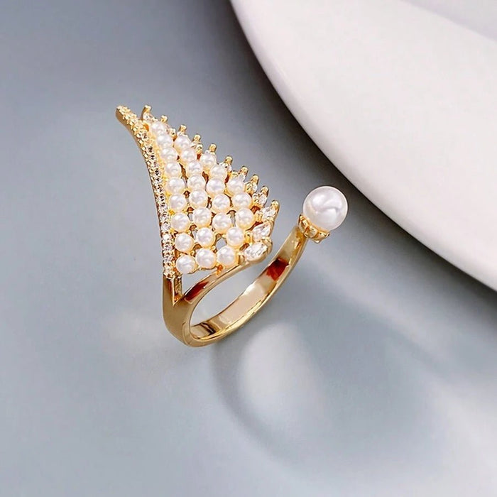 Shein 1 pieza de exquisito anillo de ala de perla con circonita cúbica incrustada en cobre - Quierox - Tienda Online