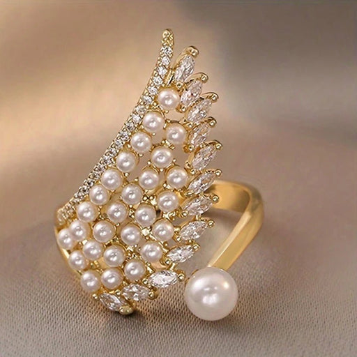 Shein 1 pieza de exquisito anillo de ala de perla con circonita cúbica incrustada en cobre - Quierox - Tienda Online