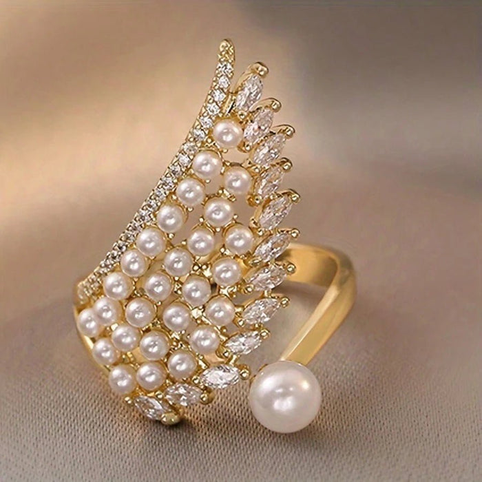 Shein 1 pieza de exquisito anillo de ala de perla con circonita cúbica incrustada en cobre - Quierox - Tienda Online
