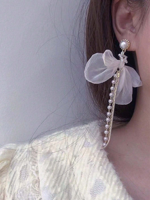 Shein 1 pieza de pendientes colgantes con decoración de lazo y perlas sintéticas - Quierox - Tienda Online