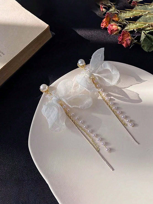 Shein 1 pieza de pendientes colgantes con decoración de lazo y perlas sintéticas - Quierox - Tienda Online