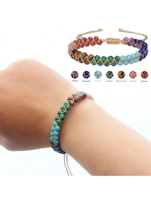 Shein 1 pieza Tobillera ajustable de doble capa con piedras naturales coloridas: ágata roja, aventurina verde, cuarzo rosa y piedra volcánica - Quierox - Tienda Online