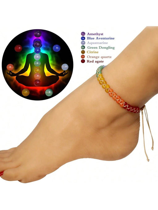 Shein 1 pieza Tobillera ajustable de doble capa con piedras naturales coloridas: ágata roja, aventurina verde, cuarzo rosa y piedra volcánica - Quierox - Tienda Online