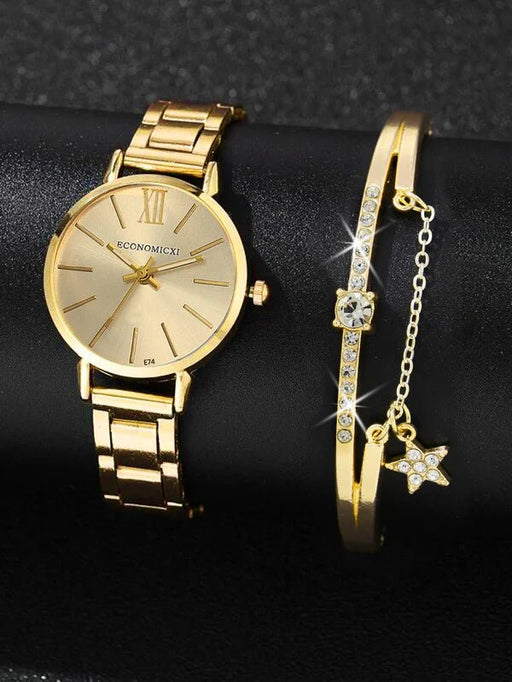 Shein 1 reloj de pulsera de cuarzo con correa de aleación de zinc dorado para mujer - Quierox - Tienda Online