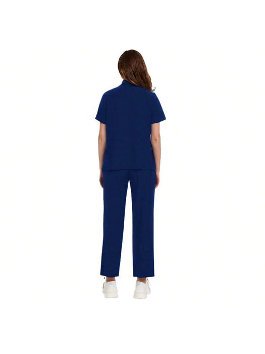 SHEIN 1 Set Uniforme de mujer de manga corta con cremallera y cuello de tortuga - Quierox - Tienda Online
