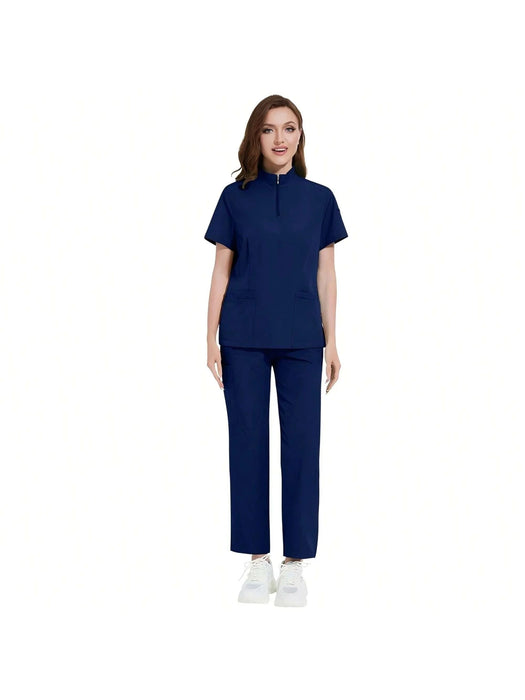 SHEIN 1 Set Uniforme de mujer de manga corta con cremallera y cuello de tortuga - Quierox - Tienda Online