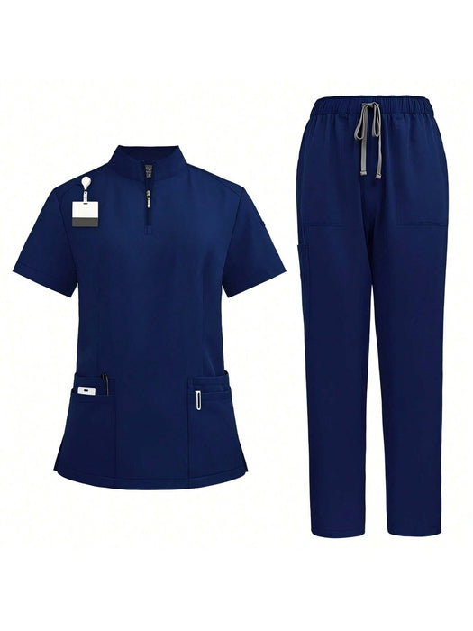 SHEIN 1 Set Uniforme de mujer de manga corta con cremallera y cuello de tortuga - Quierox - Tienda Online