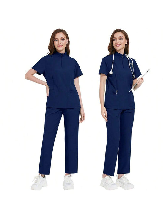 SHEIN 1 Set Uniforme de mujer de manga corta con cremallera y cuello de tortuga - Quierox - Tienda Online