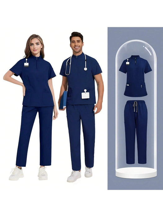 SHEIN 1 Set Uniforme de mujer de manga corta con cremallera y cuello de tortuga - Quierox - Tienda Online