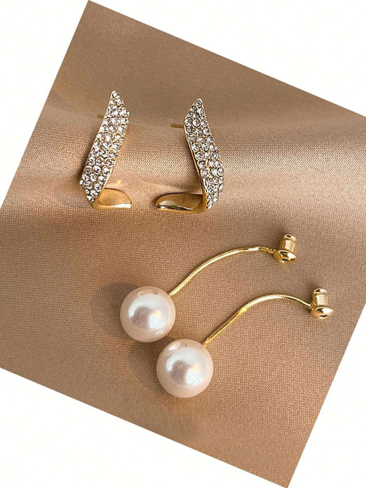 Shein 2 pares de pendientes elegantes con perlas falsas e incrustaciones de rhinestones - Quierox - Tienda Online