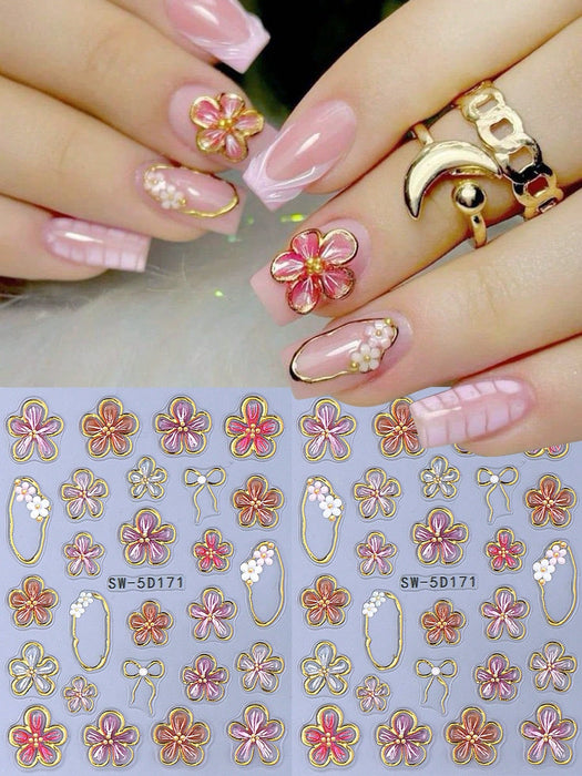 Shein 2 pegatinas de uñas 5D con borde bronceado de diseño de flor de hibisco - Quierox - Tienda Online