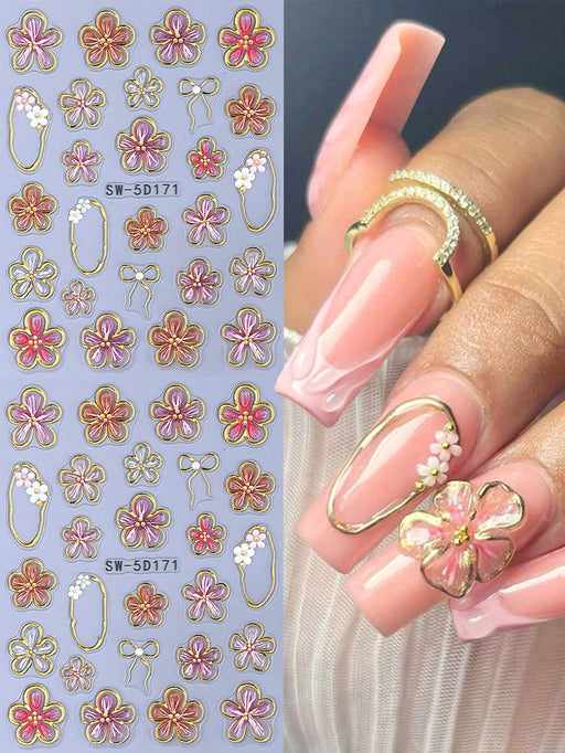 Shein 2 pegatinas de uñas 5D con borde bronceado de diseño de flor de hibisco - Quierox - Tienda Online