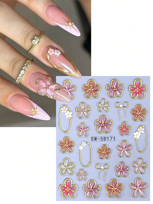 Shein 2 pegatinas de uñas 5D con borde bronceado de diseño de flor de hibisco - Quierox - Tienda Online