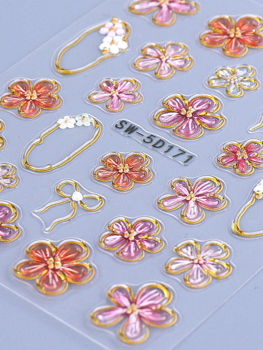 Shein 2 pegatinas de uñas 5D con borde bronceado de diseño de flor de hibisco - Quierox - Tienda Online