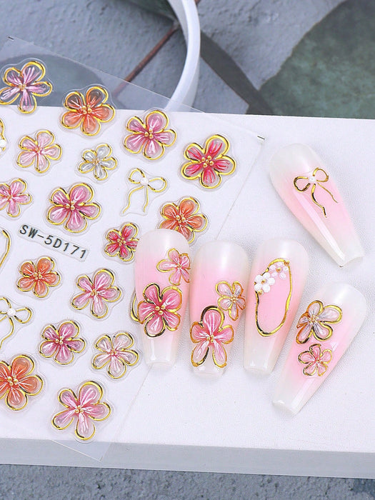 Shein 2 pegatinas de uñas 5D con borde bronceado de diseño de flor de hibisco - Quierox - Tienda Online