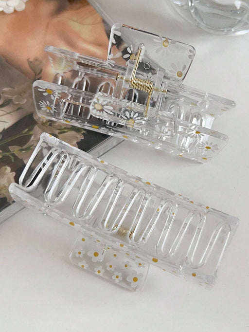 Shein 2 pinzas para el cabello cuadradas minimalistas transparentes con estampado de margaritas - Quierox - Tienda Online